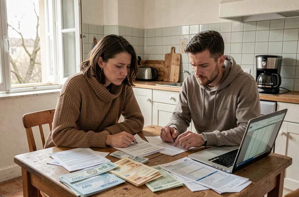 Couple français stressé en train de gérer leur budget familial face à la hausse des prix