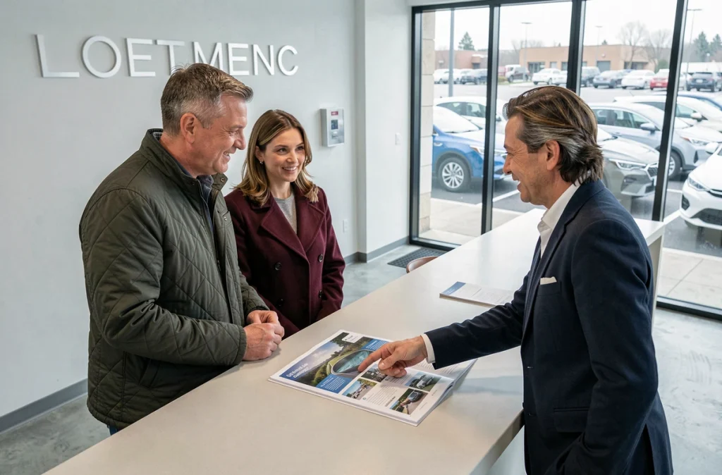 Couple discutant d'une offre de location longue durée avec un conseiller commercial dans une concession automobile moderne