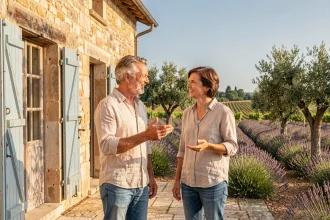 Couple devant une maison secondaire en pierre en Provence, marché immobilier en province