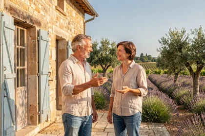 Couple devant une maison secondaire en pierre en Provence, marché immobilier en province