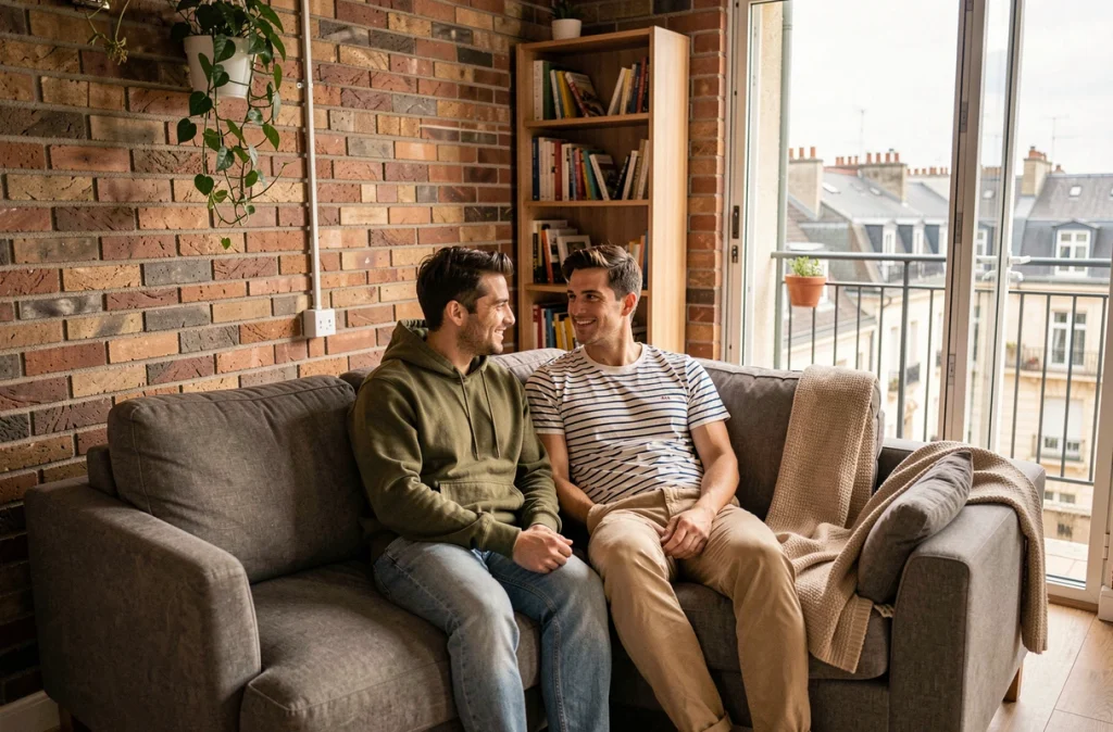 Couple installé dans un petit appartement urbain bien aménagé avec balcon et vue sur les toits de la ville
