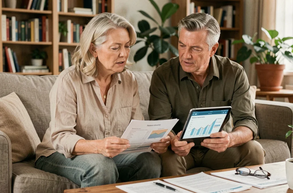Couple de retraités en début de soixantaine discutant ensemble de leur plan d'épargne retraite avec une brochure et une tablette dans leur salon
