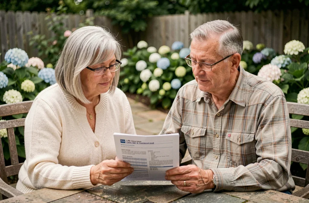 Un couple de seniors sérénement installé en terrasse consulte les détails de leur assurance vie pour protéger leur famille