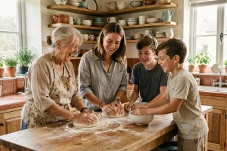 Famille multigénérationnelle qui pétrit de la pâte ensemble dans une cuisine rustique chaleureuse, renforçant les liens familiaux par la cuisine