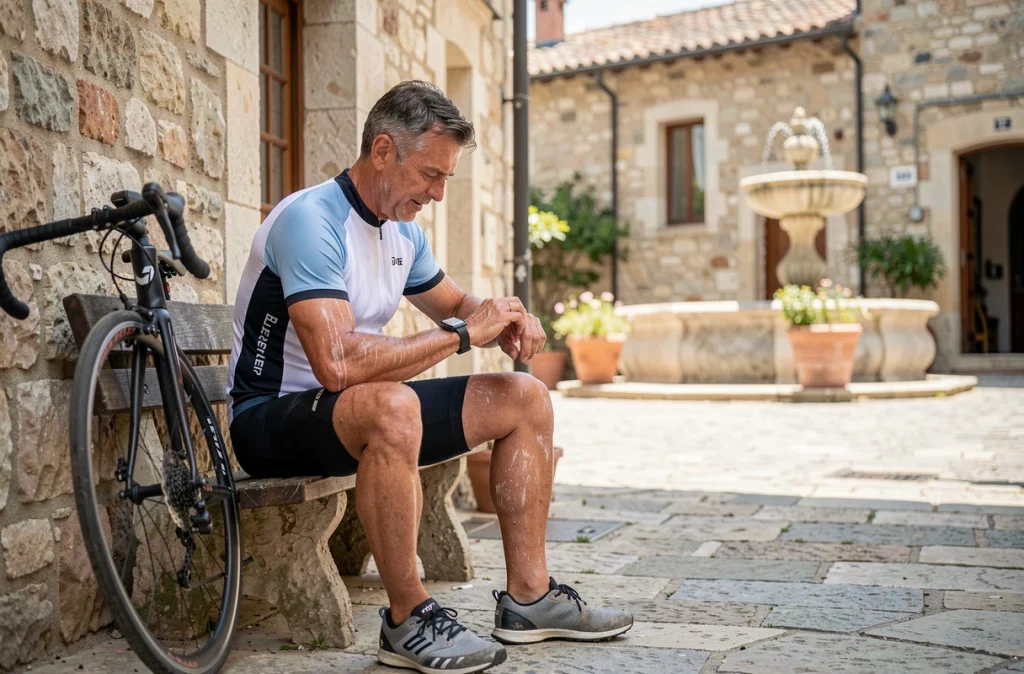 Cycliste au repos à l'ombre consultant sa montre connectée après un effort physique par temps chaud
