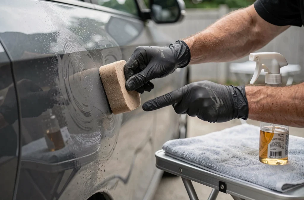 Gros plan de mains gantées utilisant une barre d'argile pour décontaminer la peinture métallisée d'une portière de voiture