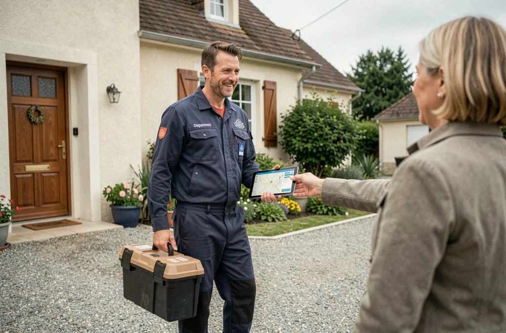 Plombier du réseau Depanneo arrivant chez un particulier en Côte-d'Or pour une urgence