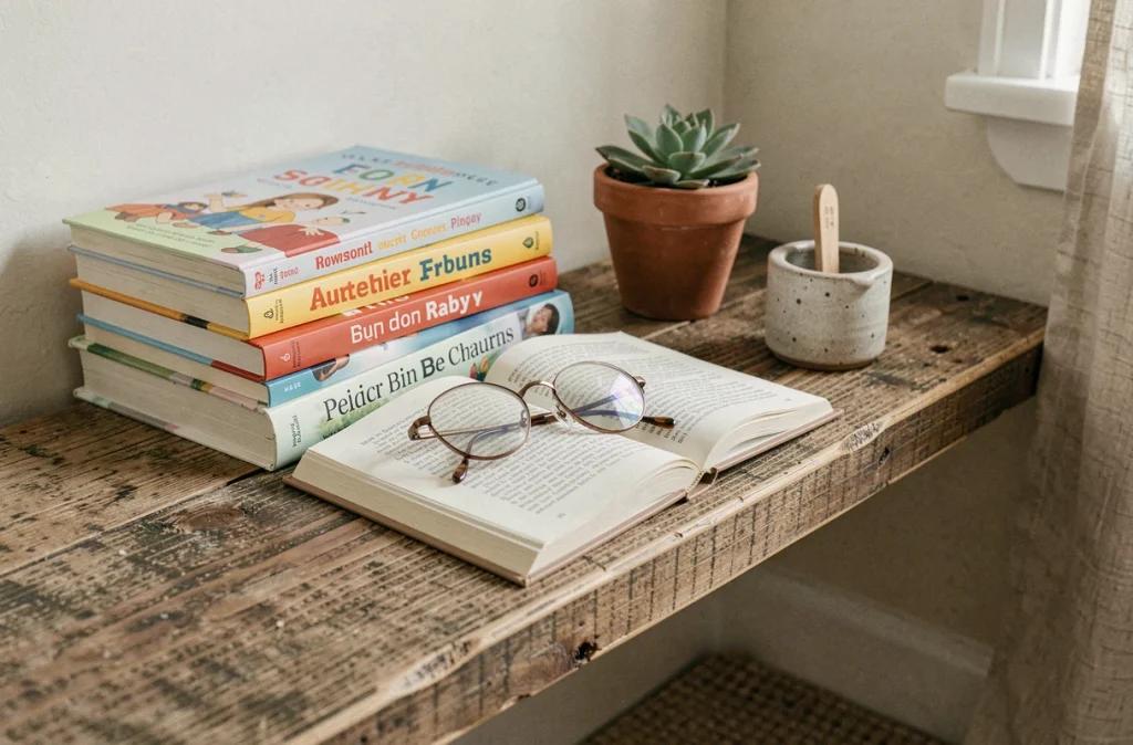 Détail d'un coin lecture familial avec livres empilés, lunettes de lecture et plante succulente sur étagère en bois