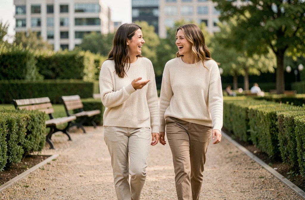 Deux femmes marchant ensemble dans un parc urbain en discutant, illustrant l'effet positif de la marche quotidienne sur l'humeur et le moral