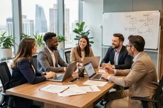 Équipe professionnelle multiculturelle réunie autour d'une table de réunion dans un bureau moderne, illustrant la diversité en entreprise