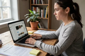 Femme documentant un vol de contenu en ligne en prenant des captures d'écran sur un ordinateur portable dans un bureau à domicile