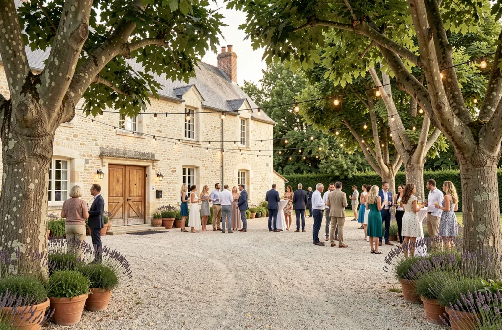 Domaine de la Ruade en Maine-et-Loire, longère en pierre reconvertie en salle de réception avec cour en gravier, lavande en pot et guirlandes lumineuses entre les châtaigniers