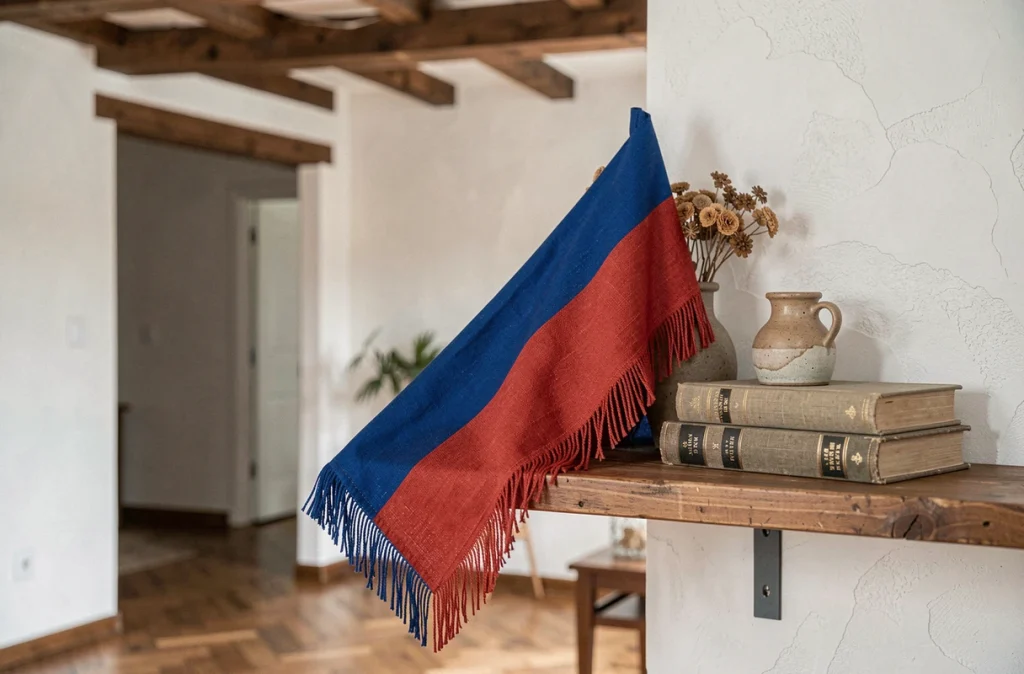 Drapeau bleu et rouge plié en décoration intérieure sur une étagère en bois rustique