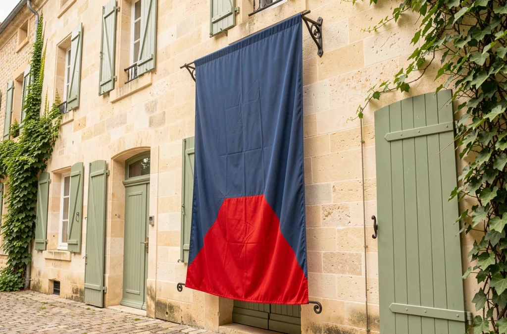 Drapeau bleu et rouge accroché sur la façade en pierre d'une maison de campagne française
