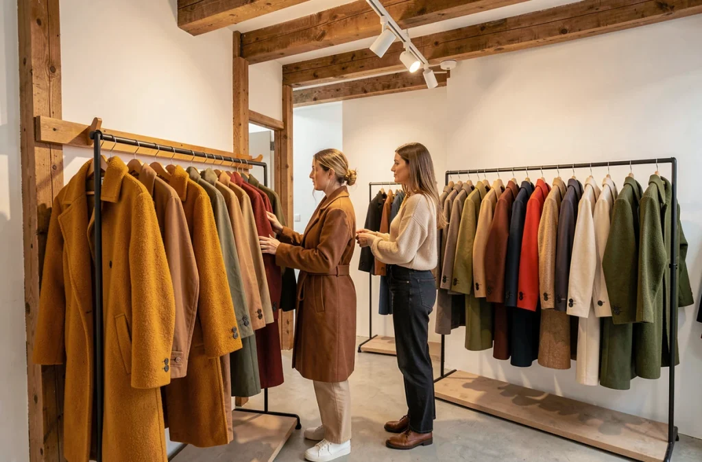 Deux femmes explorant un dressing contemporain rempli de vestes oversize aux tons terreux et automnaux