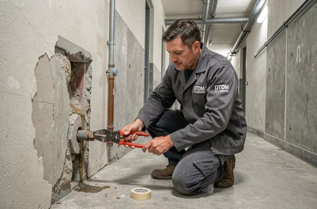 Plombier DTDM Plomberie effectuant un dépannage d'urgence dans un couloir résidentiel à Dijon