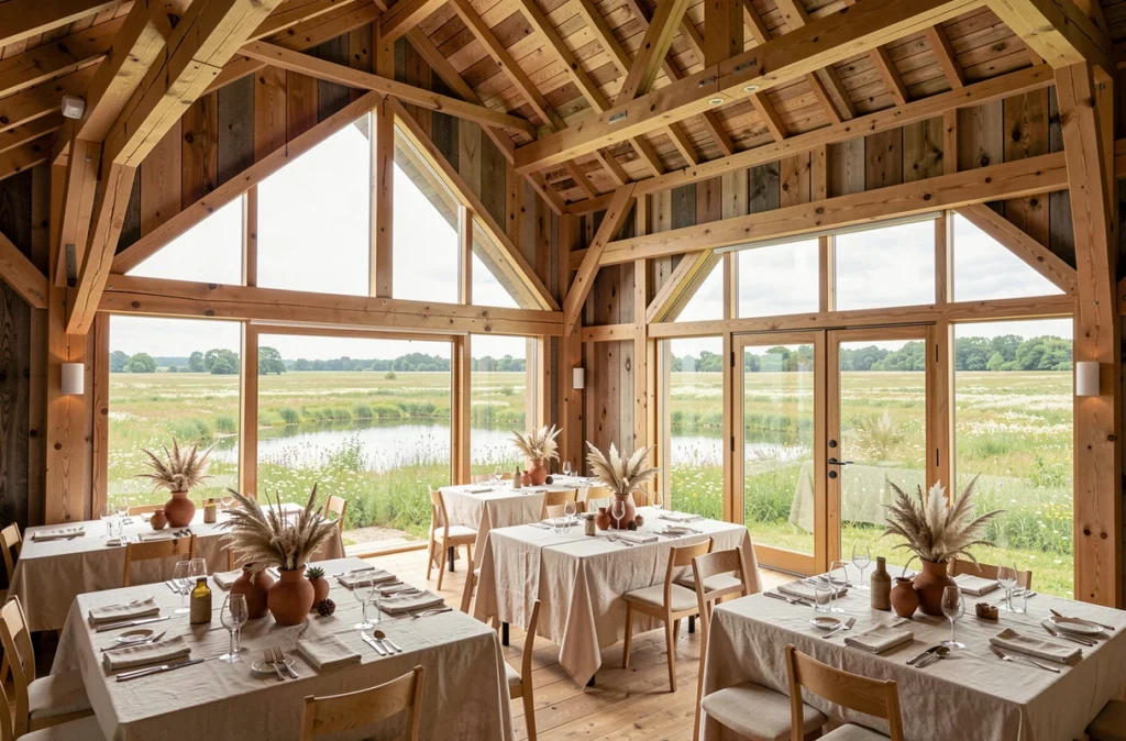 Eco-Domaine La Fontaine dans la Sarthe, grange de réception contemporaine en bois Douglas avec verrière donnant sur une prairie fleurie et un étang naturel