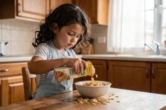 Jeune fille de 7 ans préparant son petit-déjeuner seule dans la cuisine, apprenant l'autonomie à travers une tâche quotidienne adaptée à son âge