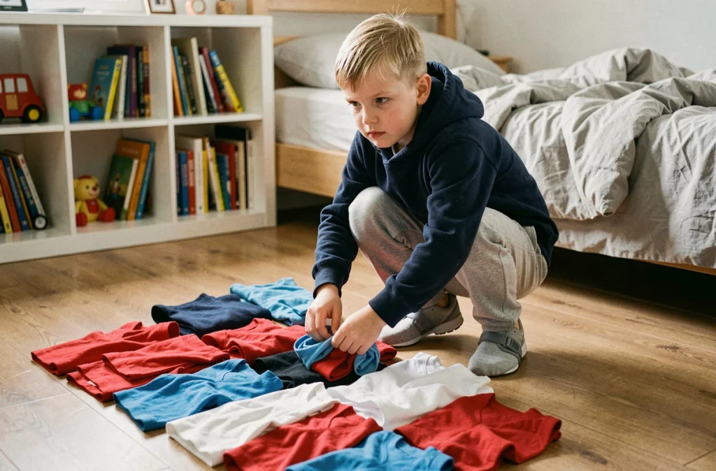 Garçon de 10 ans triant le linge dans sa chambre, développant son sens des responsabilités grâce à une tâche ménagère adaptée à son âge