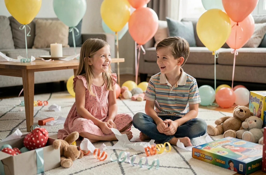 Deux enfants qui déballent leurs cadeaux d'anniversaire sur le sol du salon lors d'une fête à domicile