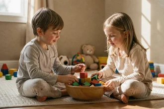 Deux jeunes frères et sœurs assis sur le sol partageant des jouets dans un salon familial chaleureux