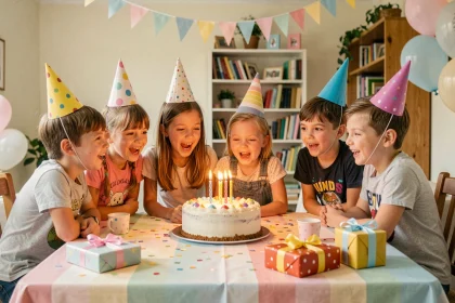 Groupe d'enfants réunis autour d'un gâteau d'anniversaire décoré à la maison lors d'une fête colorée
