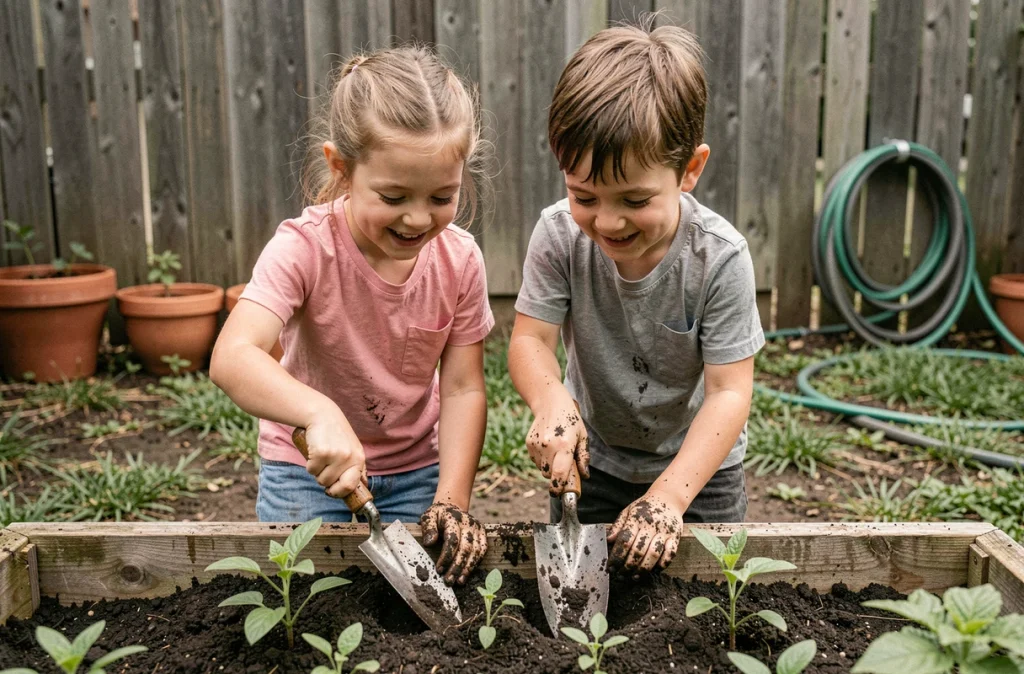 Deux enfants plantant des graines ensemble dans le jardin, apprenant l'autonomie et la coopération à travers une activité pratique en plein air