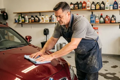 Homme appliquant de la cire protectrice sur la carrosserie d'une voiture rouge dans un garage résidentiel