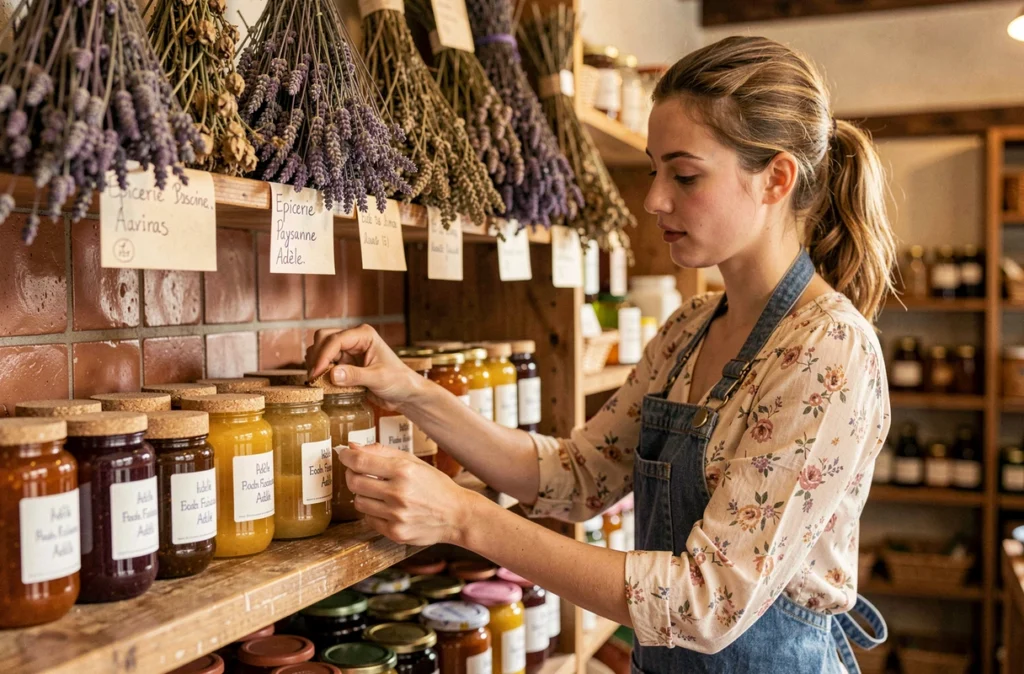 Jeune épicière arrangeant des confitures artisanales et du miel local dans l'Epicerie Paysanne Adèle à Marseille
