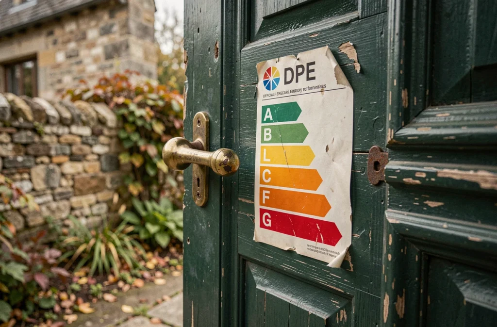 Étiquette DPE collée sur la porte en bois d'une maison ancienne en pierre à la campagne
