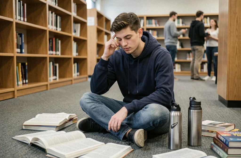 Étudiant universitaire masculin entouré de manuels scolaires avec une bouteille d'eau à portée de main dans une bibliothèque, symbolisant l'importance de l'hydratation pour la concentration et les fonctions cognitives