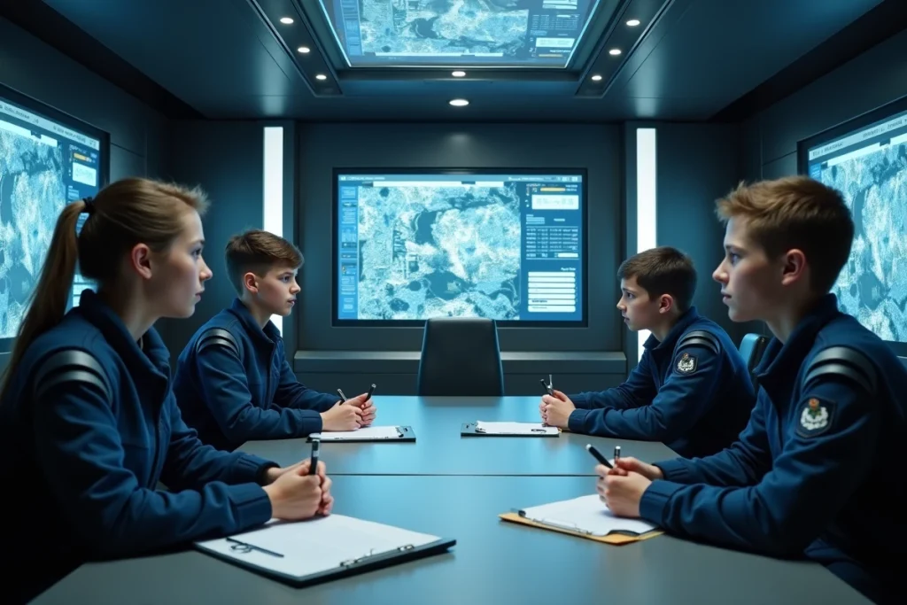 Étudiants en formation de héros réunis autour d'une table de briefing tactique dans une salle de commandement moderne de l'académie UA