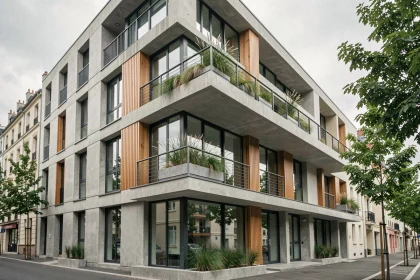 Façade d'un immeuble neuf avec architecture contemporaine, panneaux vitrés et bardage bois en milieu urbain
