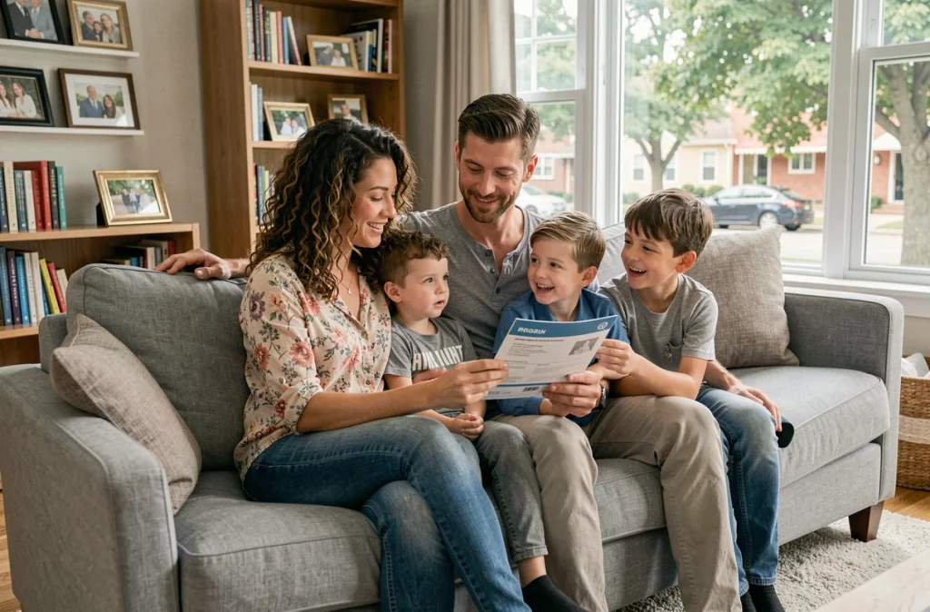 Une famille unie réunie dans le salon discute de leur contrat d'assurance vie pour protéger leur avenir