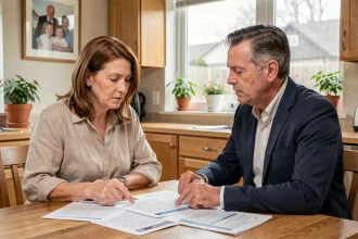 Une femme et un conseiller financier examinent ensemble des documents d'assurance vie autour d'une table de cuisine en bois