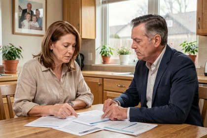 Une femme et un conseiller financier examinent ensemble des documents d'assurance vie autour d'une table de cuisine en bois