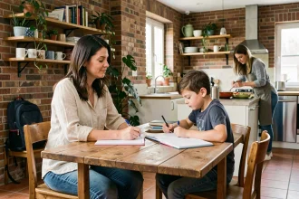 Mère célibataire et son fils faisant les devoirs dans une cuisine partagée en colocation urbaine