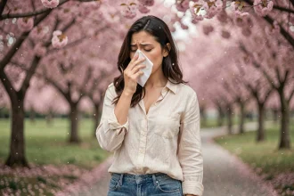 Femme souffrant d'allergie saisonnière au printemps dans un parc en fleurs, se mouchant entourée de cerisiers en fleur
