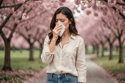 Femme souffrant d'allergie saisonnière au printemps dans un parc en fleurs, se mouchant entourée de cerisiers en fleur