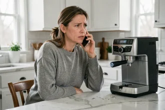 Femme appelant le service après-vente Darty depuis sa cuisine avec un appareil électroménager en panne
