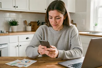 Femme consultant une application de gestion de budget familial sur son smartphone dans une cuisine moderne