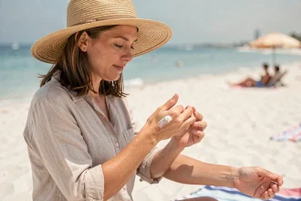 Femme appliquant de la crème solaire sur le bras à la plage avec chapeau de paille