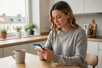 Femme utilisant une application fintech de gestion de budget sur son smartphone dans une cuisine moderne