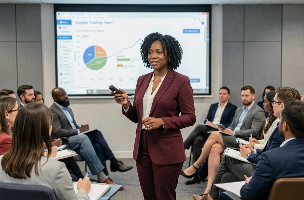 Femme cadre présentant devant une salle de formation diverse, symbolisant le leadership et l'inclusion professionnelle