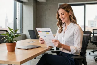 Femme cadre souriante qui consulte un planning de semaine de quatre jours dans un bureau moderne