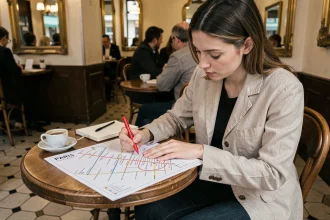 Jeune femme annotant une carte personnalisée du métro de Paris dans un café parisien