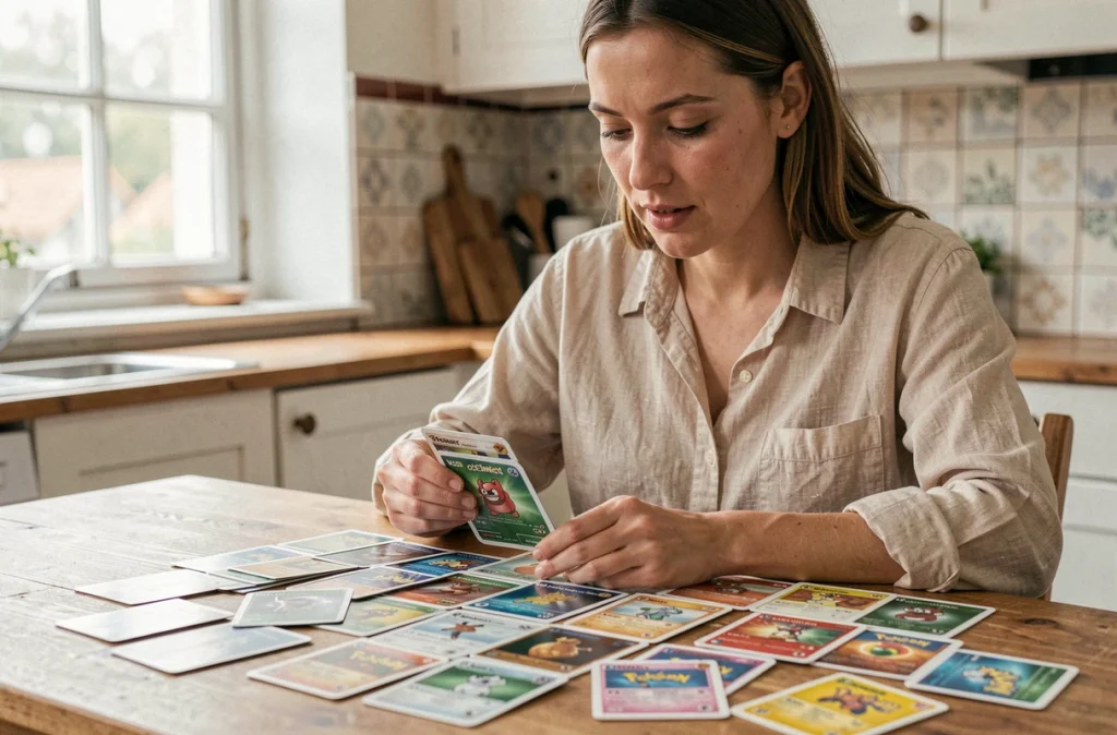 Femme adulte triant une collection de vieilles cartes Pokémon sur une table en bois dans sa cuisine