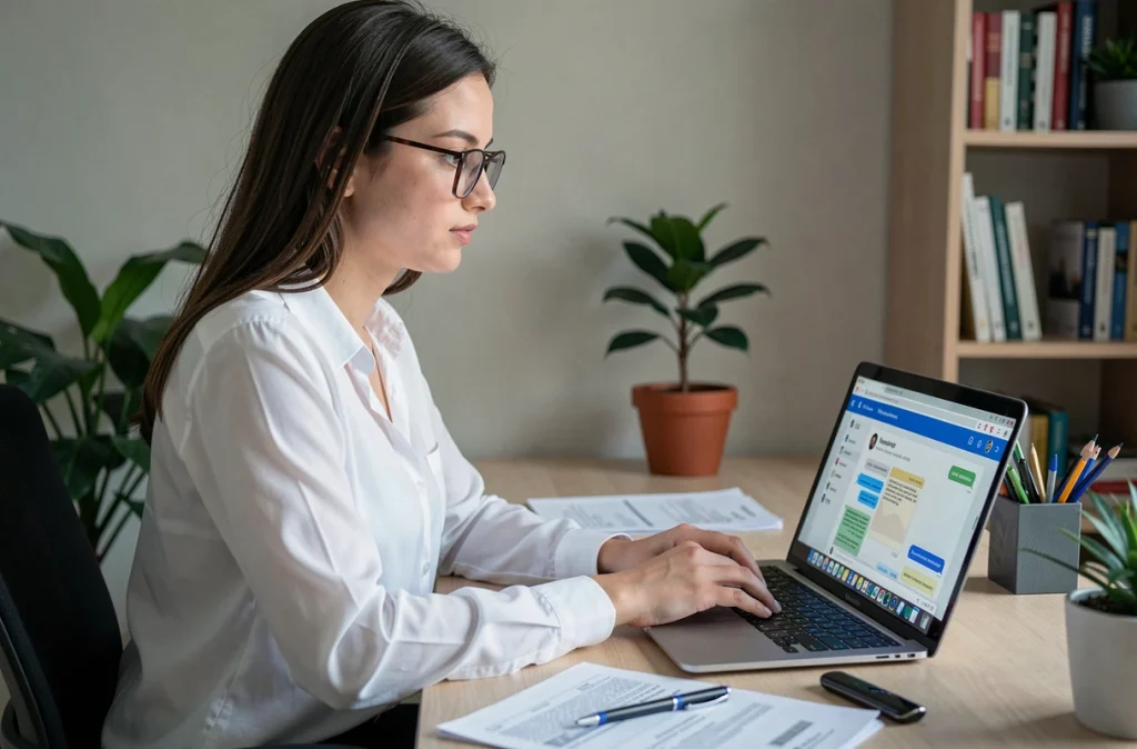 Jeune femme contactant le SAV Darty en ligne depuis son bureau à domicile via un chat