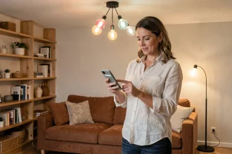 Femme utilisant une application smartphone pour contrôler des ampoules connectées dans un salon au style scandinave