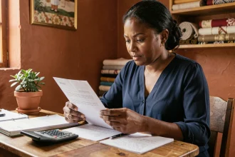 Femme entrepreneur africaine examinant un document de microcrédit dans son bureau à domicile